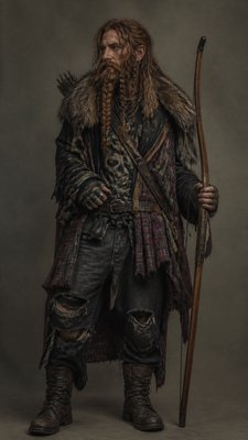 full-body original character: a dwarven ranger with a braided auburn beard, worn leather armor, a longbow and a wolf-pelt cloak, neutral background, no text