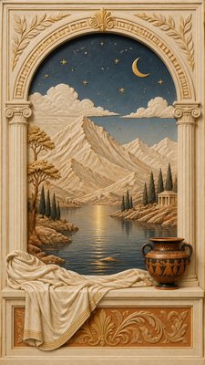 a tranquil mountain lake beneath a starry night sky, no people, no text