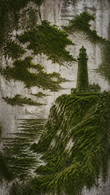 a lone lighthouse on a cliff at dusk under a dramatic sky, no text or lettering