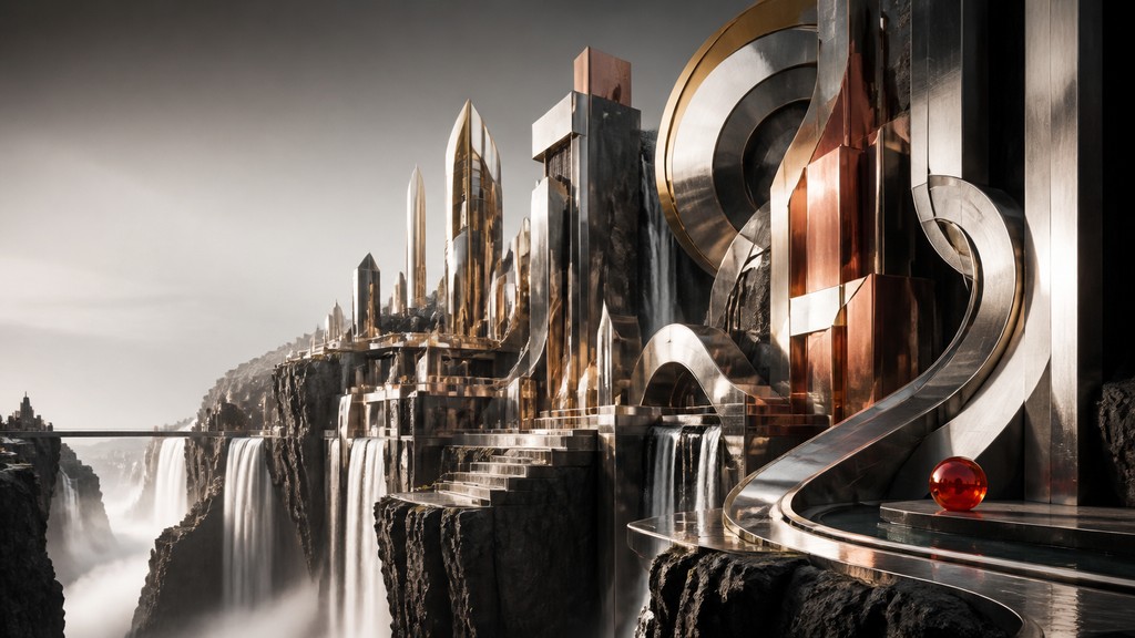 a cliffside city with waterfalls cascading into a misty canyon, wide establishing shot, no people, no text