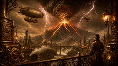 an erupting volcano with lightning strikes, dramatic wide composition, no text