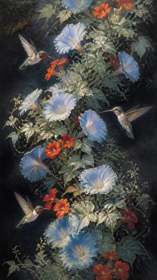a climbing vine of flowers and hummingbirds on a dark background, tall wrapping composition, no text