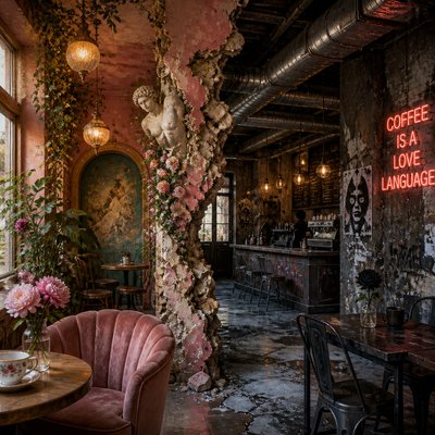 cozy cafe interior with warm lighting
