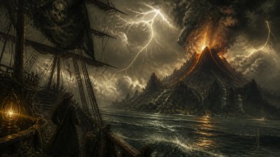 an erupting volcano with lightning strikes, dramatic wide composition, no text