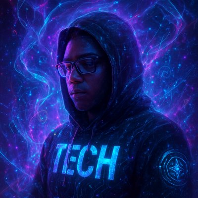 a person wearing a hoodie and glasses in front of a blue and purple background