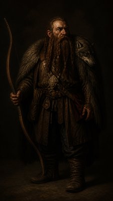 full-body original character: a dwarven ranger with a braided auburn beard, worn leather armor, a longbow and a wolf-pelt cloak, neutral background, no text