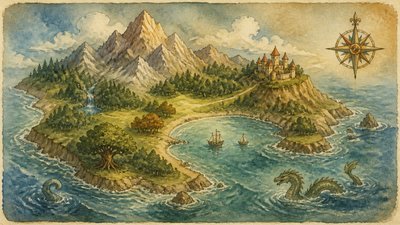 a map of an island realm with mountains, forests, a sheltered bay, sea monsters in the water and a compass rose, no text labels