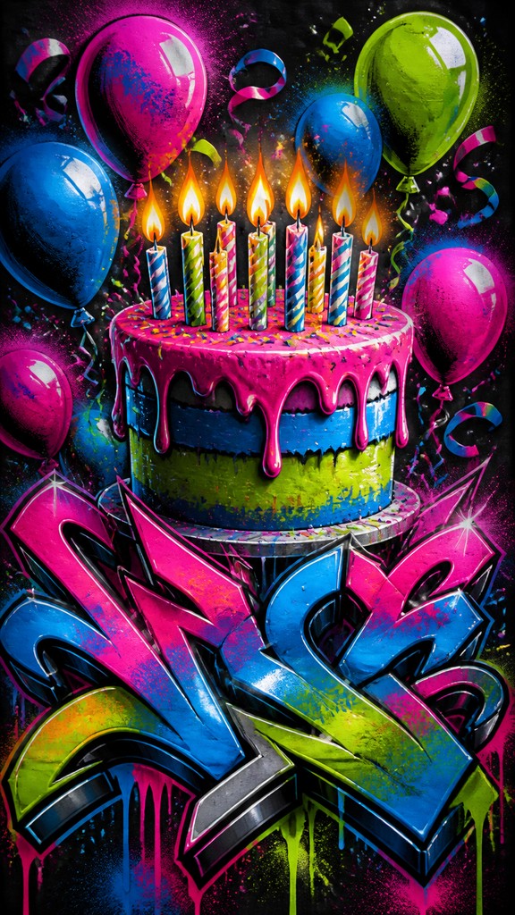 a birthday cake with lit candles surrounded by balloons and confetti, festive vertical composition, no text