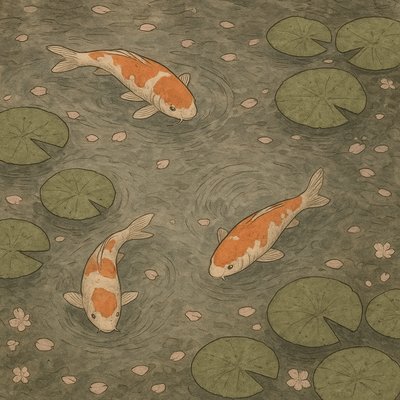 A koi pond seen from above, orange and white koi fish swimming among lily pads, clear water with subtle ripples, fallen cherry blossom petals floating on the surface, dappled sunlight