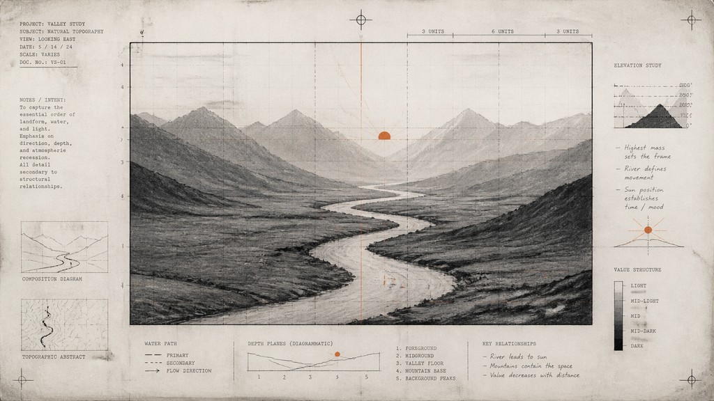 a vast valley with a river winding toward distant mountains at sunrise, no people, no text
