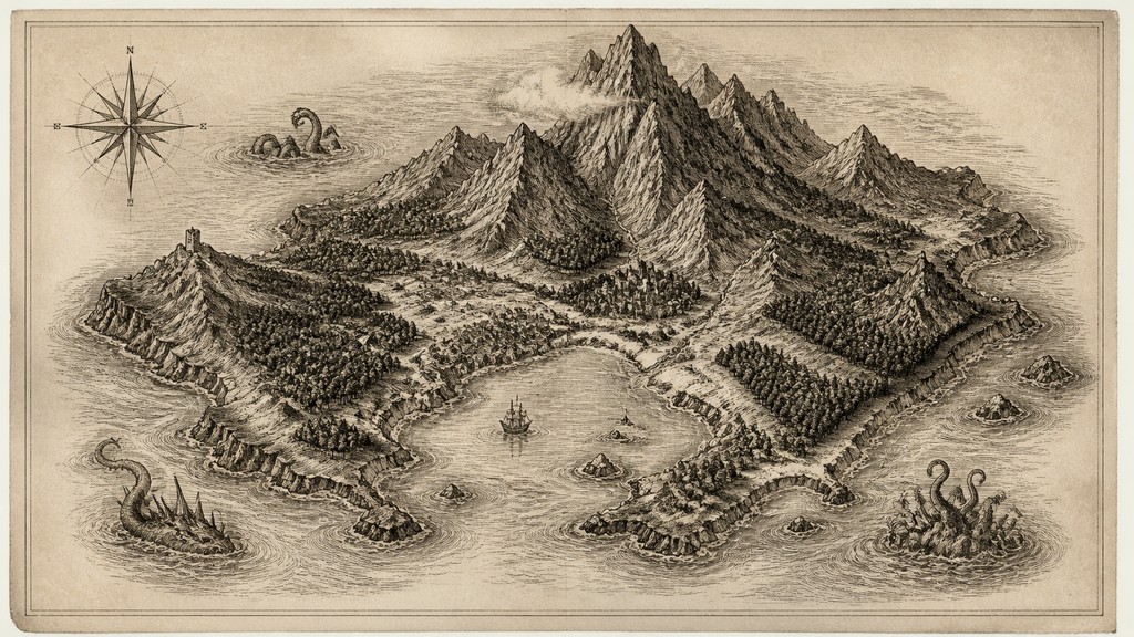 a map of an island realm with mountains, forests, a sheltered bay, sea monsters in the water and a compass rose, no text labels
