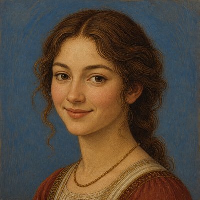 head-and-shoulders portrait of an original character: a young woman with wavy chestnut hair and a warm smile, plain soft backdrop