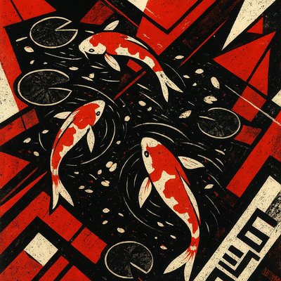 A koi pond seen from above, orange and white koi fish swimming among lily pads, clear water with subtle ripples, fallen cherry blossom petals floating on the surface, dappled sunlight