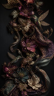 a climbing vine of flowers and hummingbirds on a dark background, tall wrapping composition, no text