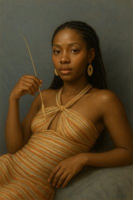 a painting of a woman in a striped dress