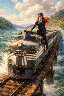 Create an image of the New York Central Railroad EMD E8A #4085 iconic locomotive crossing the Hudson River. Standing on top of the locomotive is a lady with long red hair and a conductor's hat on her head in traditional uniform for the period. 