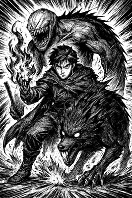 a black and white drawing of two monsters attacking a demon