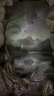 a tranquil mountain lake beneath a starry night sky, no people, no text