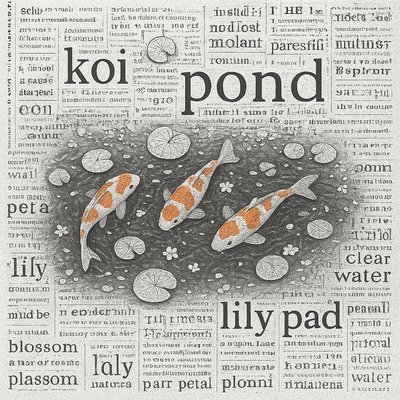 A koi pond seen from above, orange and white koi fish swimming among lily pads, clear water with subtle ripples, fallen cherry blossom petals floating on the surface, dappled sunlight