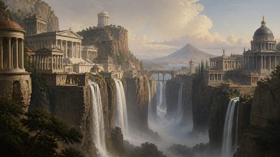 a cliffside city with waterfalls cascading into a misty canyon, wide establishing shot, no people, no text