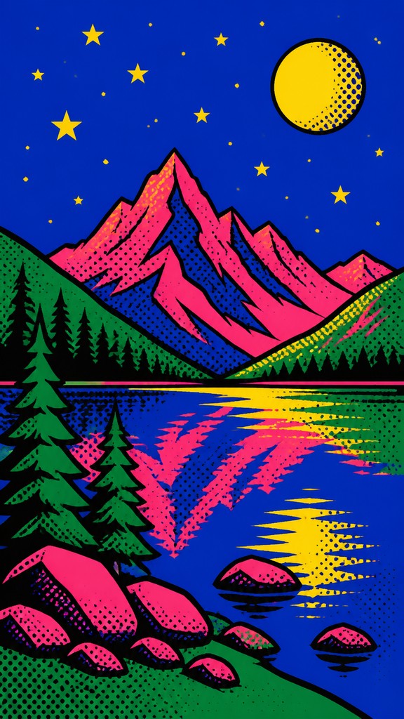 a tranquil mountain lake beneath a starry night sky, no people, no text