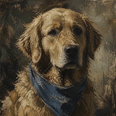 portrait of a golden retriever wearing a blue bandana, warm plain backdrop, no text