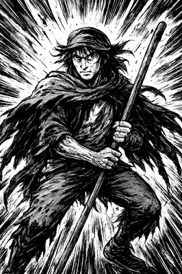 a black and white drawing of a man holding a stick