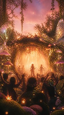 a live music scene with a glowing stage and silhouetted crowd, energetic vertical composition with open space at the top, no text