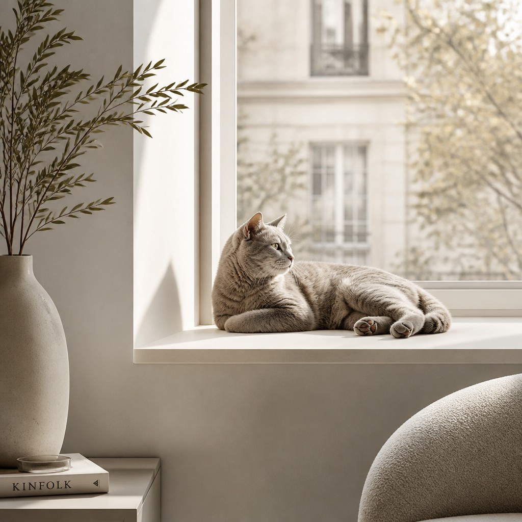 a cat lounging in a sunlit window
