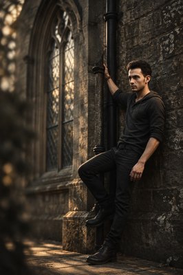 a man leaning against a stone wall with a window behind him