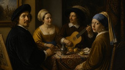 Vermeer the artist with his wife, guitar player, and girl wearing a pearl ear ring