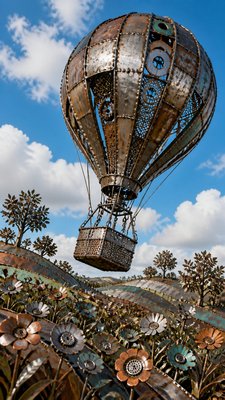 a hot air balloon drifting over rolling flower fields on a sunny day, cheerful, no text