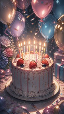 a birthday cake with lit candles surrounded by balloons and confetti, festive vertical composition, no text