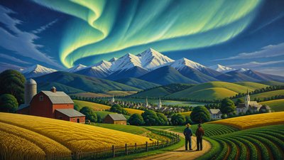 a flowing aurora over snowy peaks, wide sweeping composition, no people, no text