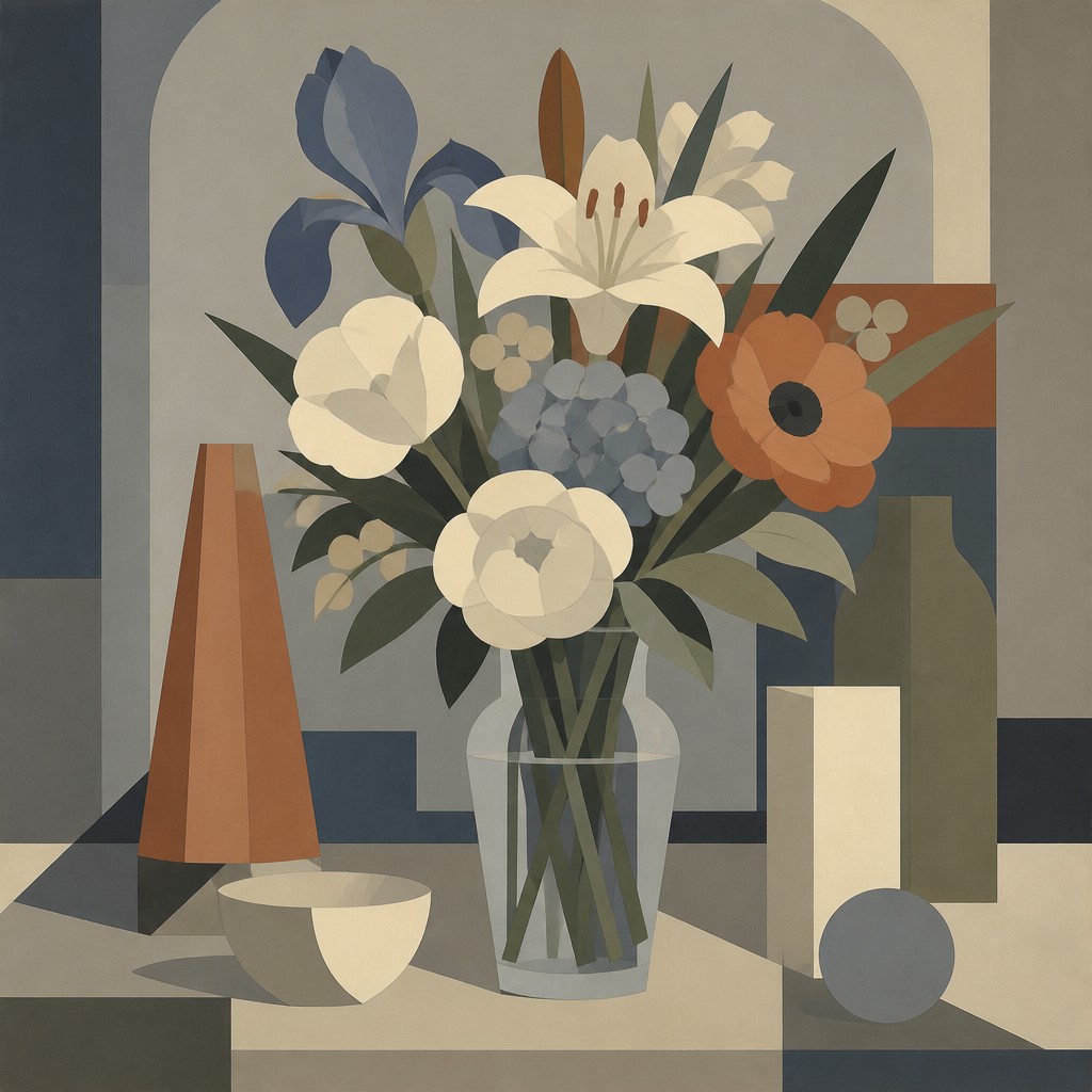 bouquet of flowers in a glass vase — Purism Art Style
