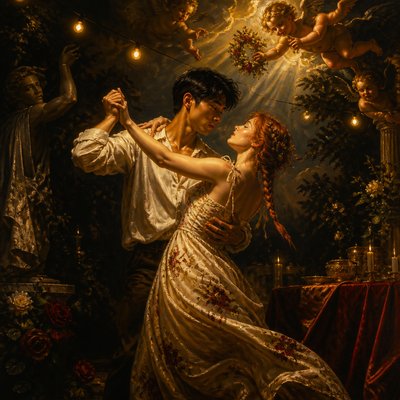 an original couple dancing under string lights in a garden at dusk: a man with short black hair in a linen shirt and a woman with braided red hair in a summer dress