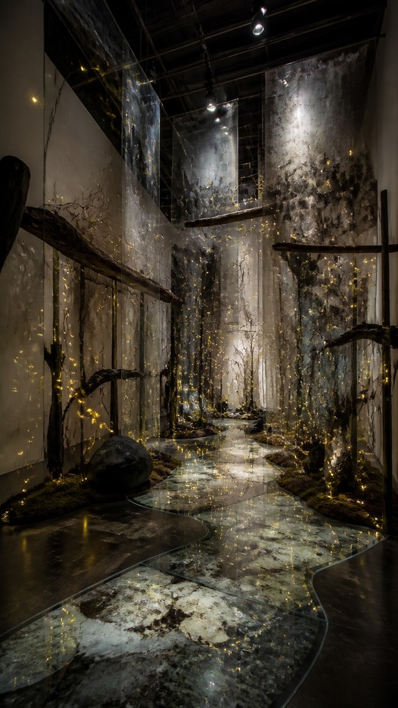 a mysterious forest path with fireflies and drifting mist, atmospheric vertical composition with open space at the top, no text