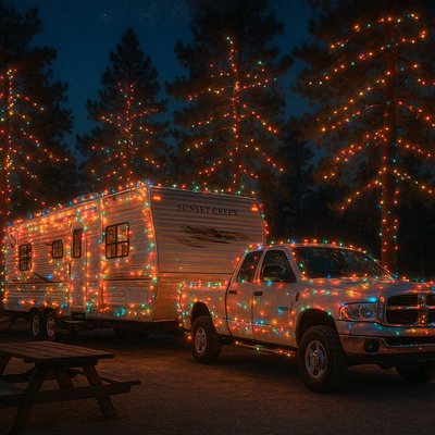 A night-time wide shot of a 33ft Sunset Creek bumper-pull travel trailer parked at a Texas campsite. Next to it, a white 2002 Dodge Ram 2500 pickup truck is parked in the gravel drive. Both the trailer and the truck are draped in an extreme, "off the charts" amount of glowing multi-colored Christmas lights. In the background, tall long-needle pine trees are also drapped in twinkling lights. A wooden picnic table and a small Starlink Mini dish are visible on the campsite ground. Clear night sky, warm southern atmosphere, no snow, ultra-detailed, cinematic lighting, 8k resolution.