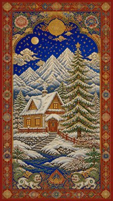 a snow-covered cottage with warm glowing windows beside a decorated pine tree, gentle snowfall, no text