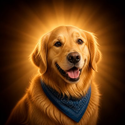 portrait of a golden retriever wearing a blue bandana, warm plain backdrop, no text