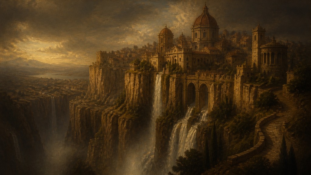 a cliffside city with waterfalls cascading into a misty canyon, wide establishing shot, no people, no text