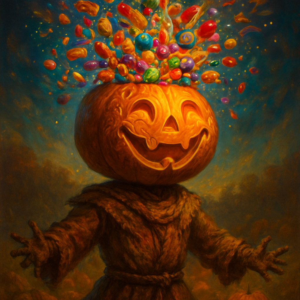 This sounds like a wonderfully whimsical and festive image! Combining the classic pumpkin head with a burst of candy and unique carving will make for a very creative Halloween or autumn piece.
Here's a prompt for a Happy Pumpkin Head Figure with Candy Bursting Out for ArtStyles.com:
Happy Pumpkin Head with Candy Burst Prompt
"A cheerful and fantastical figure with a large, glowing jack-o'-lantern for a head. The pumpkin's face is carved with a distinctly happy, friendly, wide-mouthed smile and joyful eyes. Instead of traditional jagged cuts, the facial features (eyes, nose, mouth) are intricately carved with elegant, swirling, vine-like patterns, giving it a whimsical and artistic look. The pumpkin head emits a warm, inviting orange glow from within.
Dramatically bursting and cascading out of the very top of the pumpkin's head is an overflowing abundance of vibrant, colorful Halloween candy. This candy explosion includes individually wrapped chocolates, lollipops, jelly beans, candy corn, and various brightly colored sweets, all tumbling outwards in a joyous, sugary fountain.
The figure itself has a rustic, scarecrow-like body, perhaps dressed in tattered but festive autumn-colored clothing (e.g., burlap, plaid, or warm browns and oranges), standing in an autumnal setting. The background could feature a gently lit pumpkin patch, fallen autumn leaves, or a soft, blurred evening sky. The lighting is warm and enchanting, highlighting the pumpkin's glow and the glossy sheen of the candy. The overall mood is one of festive joy, playful magic, and autumnal abundance."whimsical illustration, vibrant autumn colors, detailed candy textures, glowing effects, playful character design, festive atmosphere