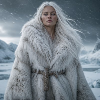 Fais moi une deesse blanche et forte avec des cheveux blanc long et elle est habille en fourrure d’ourse blanc sans bijou elle représente la deesse de la glace et du pole nord. c’est une humain avec des yeux ferroses, elle  a la 30 ene, est realiste. Elle   Va a le corps genre humain genre il est recouvert de vetement en peau d’ourse blanc