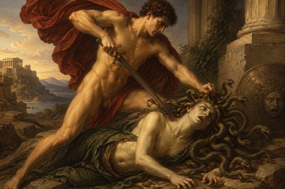 Medusa with her hair of snakes is killed by the ignudi Theseus