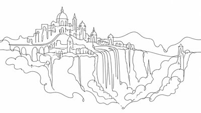 a cliffside city with waterfalls cascading into a misty canyon, wide establishing shot, no people, no text