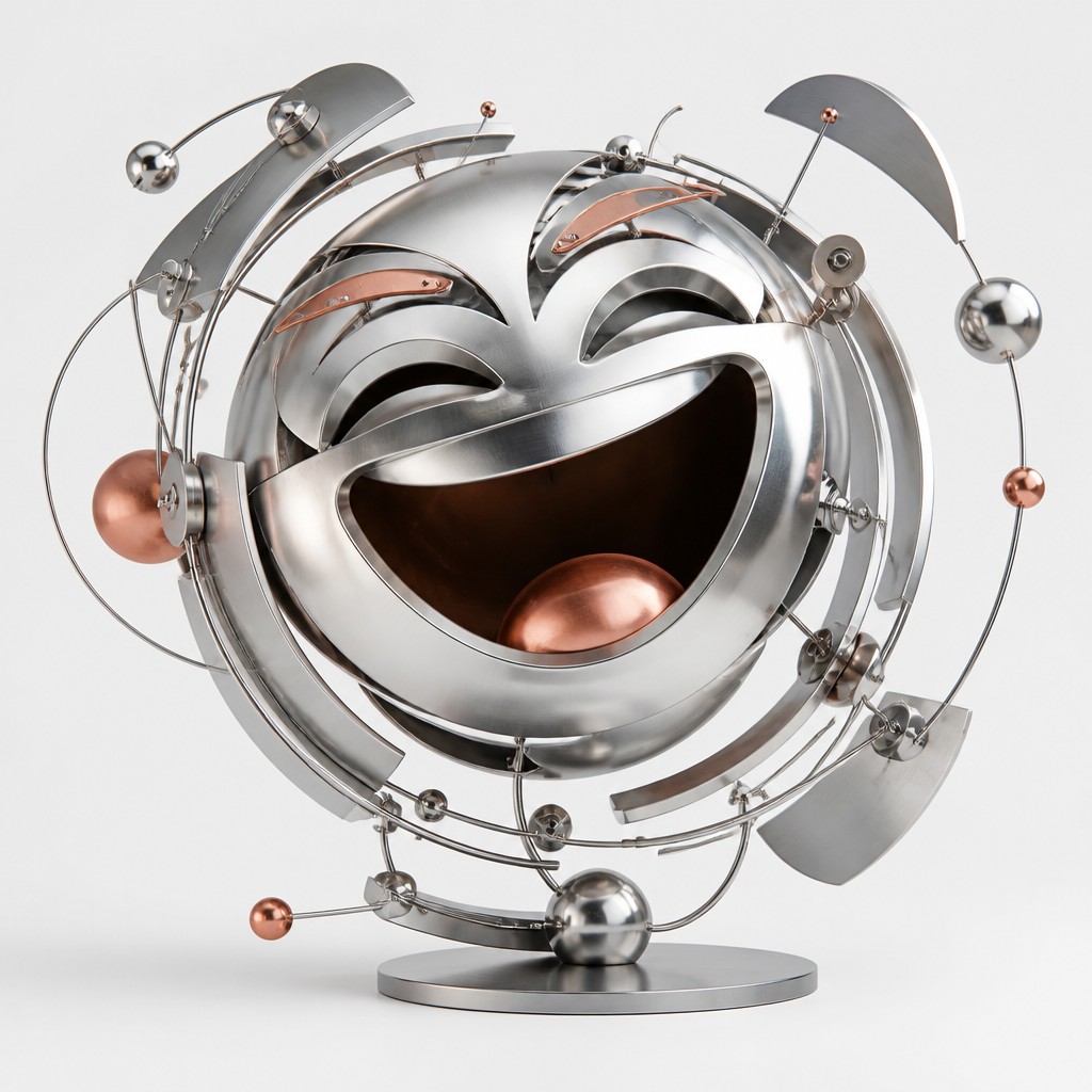 an exaggerated laughing face of an original round mascot character, bold and readable at small size, plain background, no text