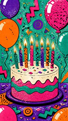 a birthday cake with lit candles surrounded by balloons and confetti, festive vertical composition, no text