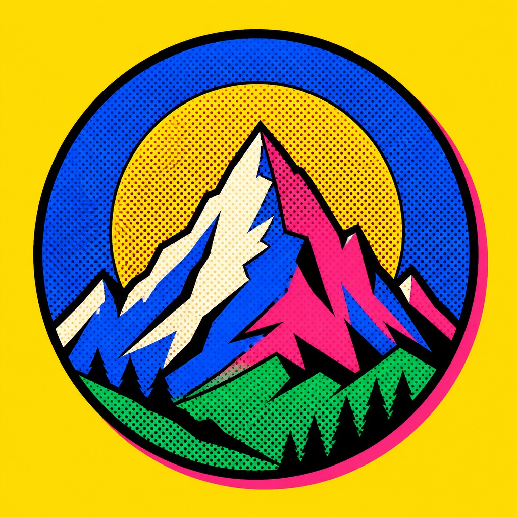 an emblem of a mountain peak inside a circle, simple bold shapes on a plain background, no text or lettering