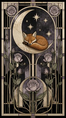 a sleeping baby fox curled on a crescent moon among soft stars, gentle and warm, no text