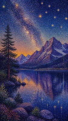 a tranquil mountain lake beneath a starry night sky, no people, no text